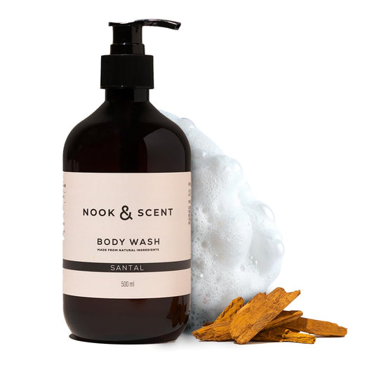 Body Wash Santal | 500 ml | Limpieza e Hidratación | Libre de Sulfatos y Parabenos, Vegano, Aceites esenciales, Aroma Amaderado y Sofisticado | Gel de Baño Nook & Scent