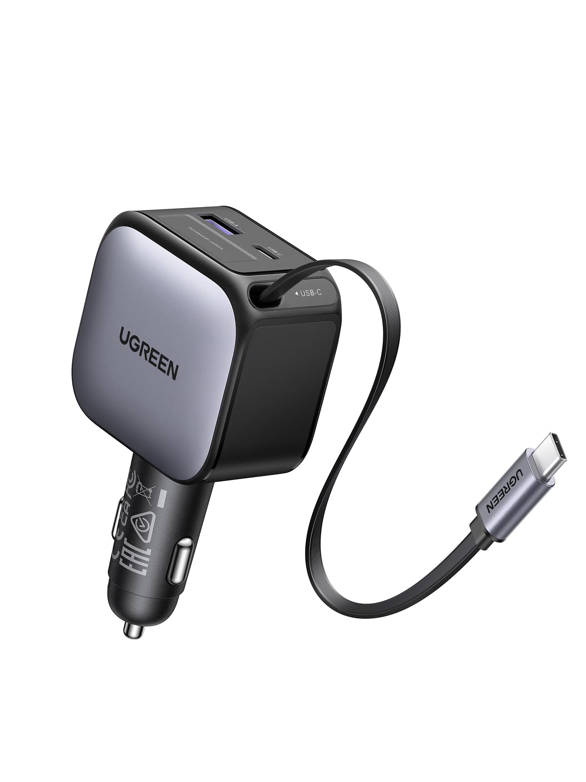 Cargador para Auto UGREEN Negro 3 en 1 60W Carga Rápida con Cable Retráctil USB C