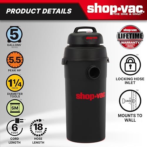 Aspiradora Shop-Vac de Pared Húmedo/Seco 5 Galones 5.5 Picos Ideal para Garaje, Taller y Hogar