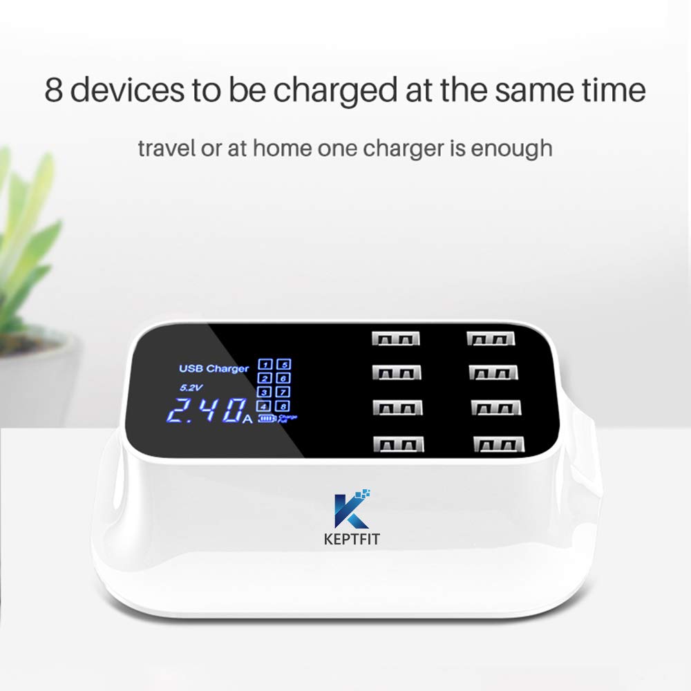 Keptfit, Cargador USB Múltiple, con 8 Puertos, Blanco