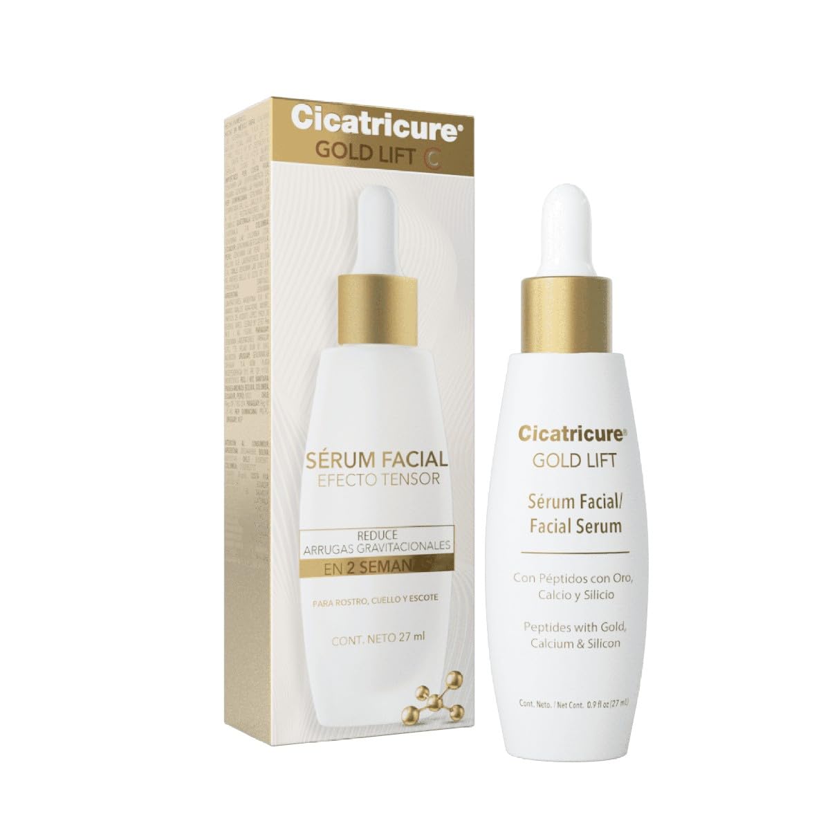 CICATRICURE - GOLD LIFT Serum Facial. Efecto tensor para rostro, cuello y escote, mejora la elasticidad, frasco con 27ml
