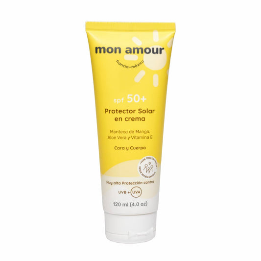Protector Solar SPF 50+ Mon Amour Alta Protección Con Manteca de Mango y Aloe Vera Para Pieles Delicadas Desde Recién Nacidos