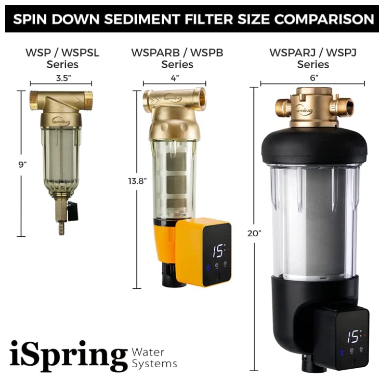 iSpring WSP-200 Filtro De Agua Reutilizable Para Toda La Casa Spin Down De Sedimentos, Prefiltro De 200 Micrones Flushing, 20GPM, 1" MNPT + 3/4" FNPT, Latón