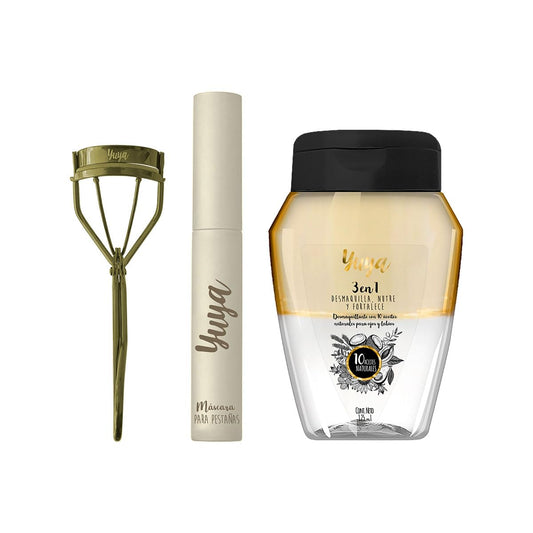 YUYA Jardín Vivo Set de Pestañas Enchinador + Máscara “10 Aceites Naturales” Color Negro + Desmaquillante Bifásico | Define, Riza y Remueve Maquillaje de Larga Duración