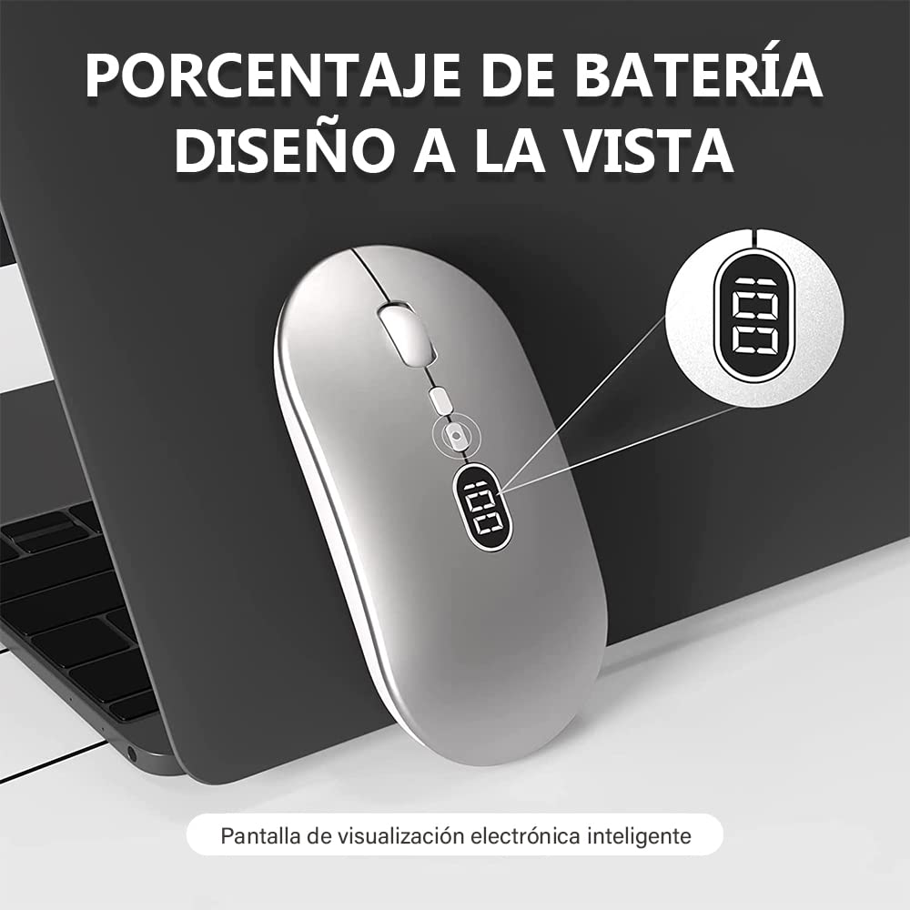 Free wolf X1 Mouse Inalámbrico con Pantalla de Batería, Wireless óptico Recargable 2.4 G Ergonómico Silencioso Click 800/1200/1600 Ajustable dpi Ratón para Computadora,Portátil,PC,Mac (Plata)
