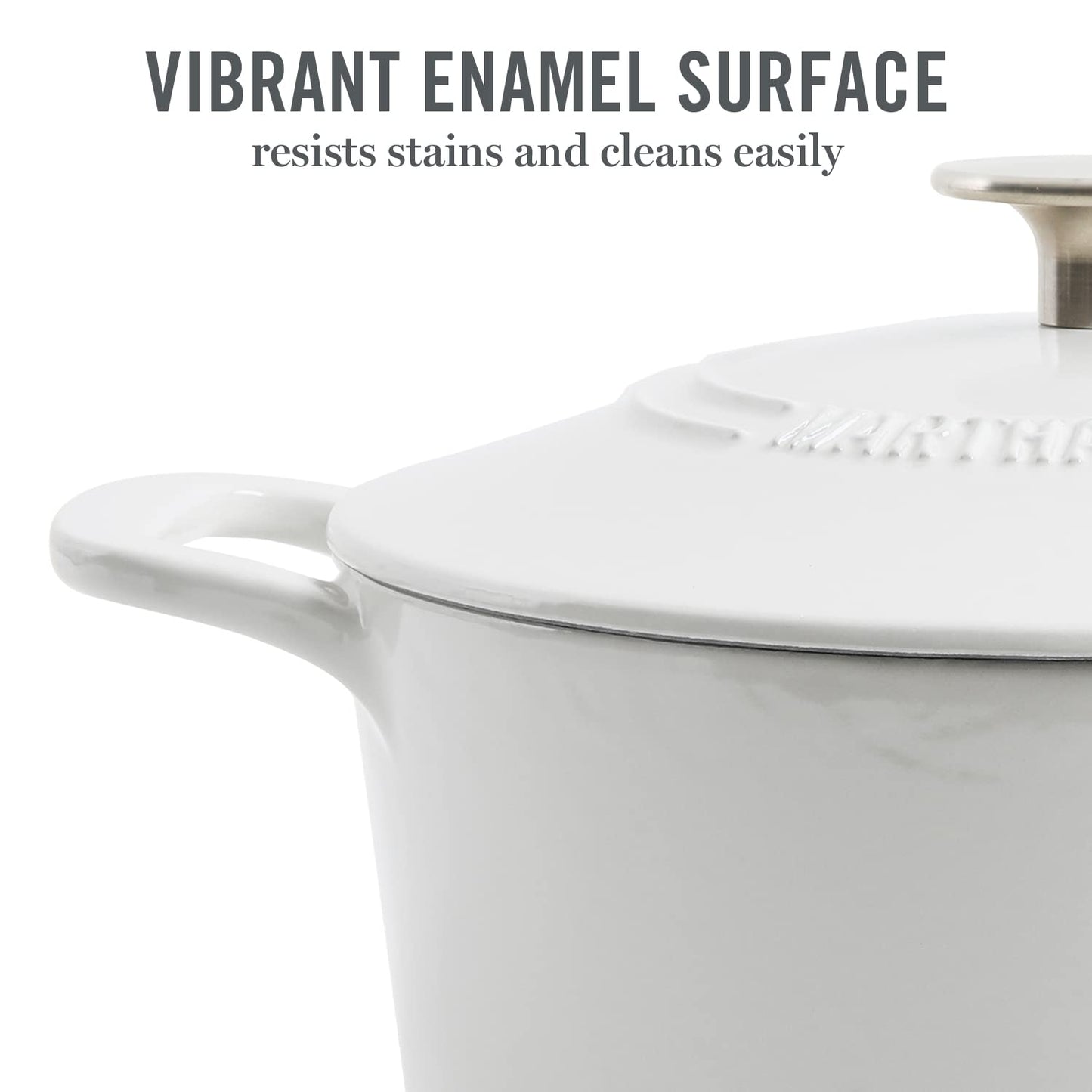 MARTHA STEWART Gatwick - Olla de hierro fundido esmaltada de 7 cuartos de galón con tapa, lino con perilla plateada