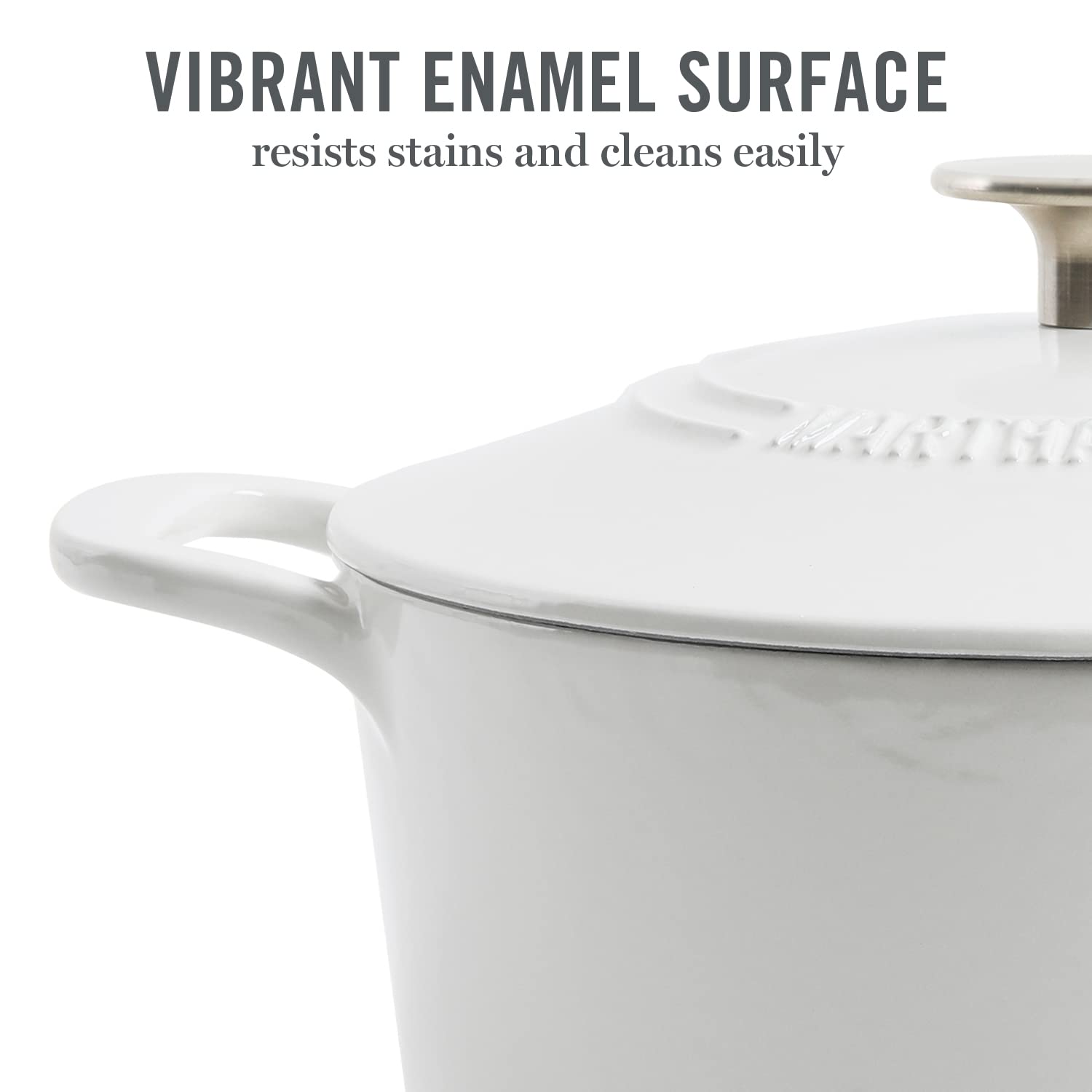 MARTHA STEWART Gatwick - Olla de hierro fundido esmaltada de 7 cuartos de galón con tapa, lino con perilla plateada