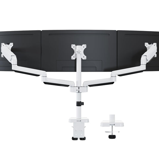 Soporte Triple de Monitor MOUNTUP Blanco con Resorte de Gas para Pantallas de 32 Pulgadas
