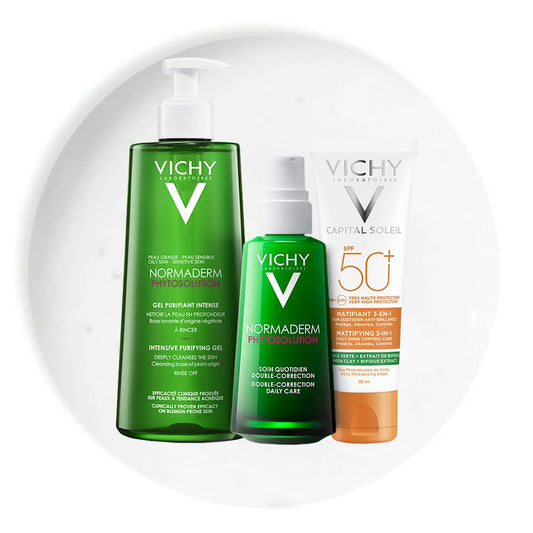 Kit anti acné: Gel Limpiador Normaderm Phytosolutions 400 ml+ Trataamiento anti-imperfecciones Phytosolutions 50 ml + Protector solar matificante Capital Soleil Mat 60 ml
