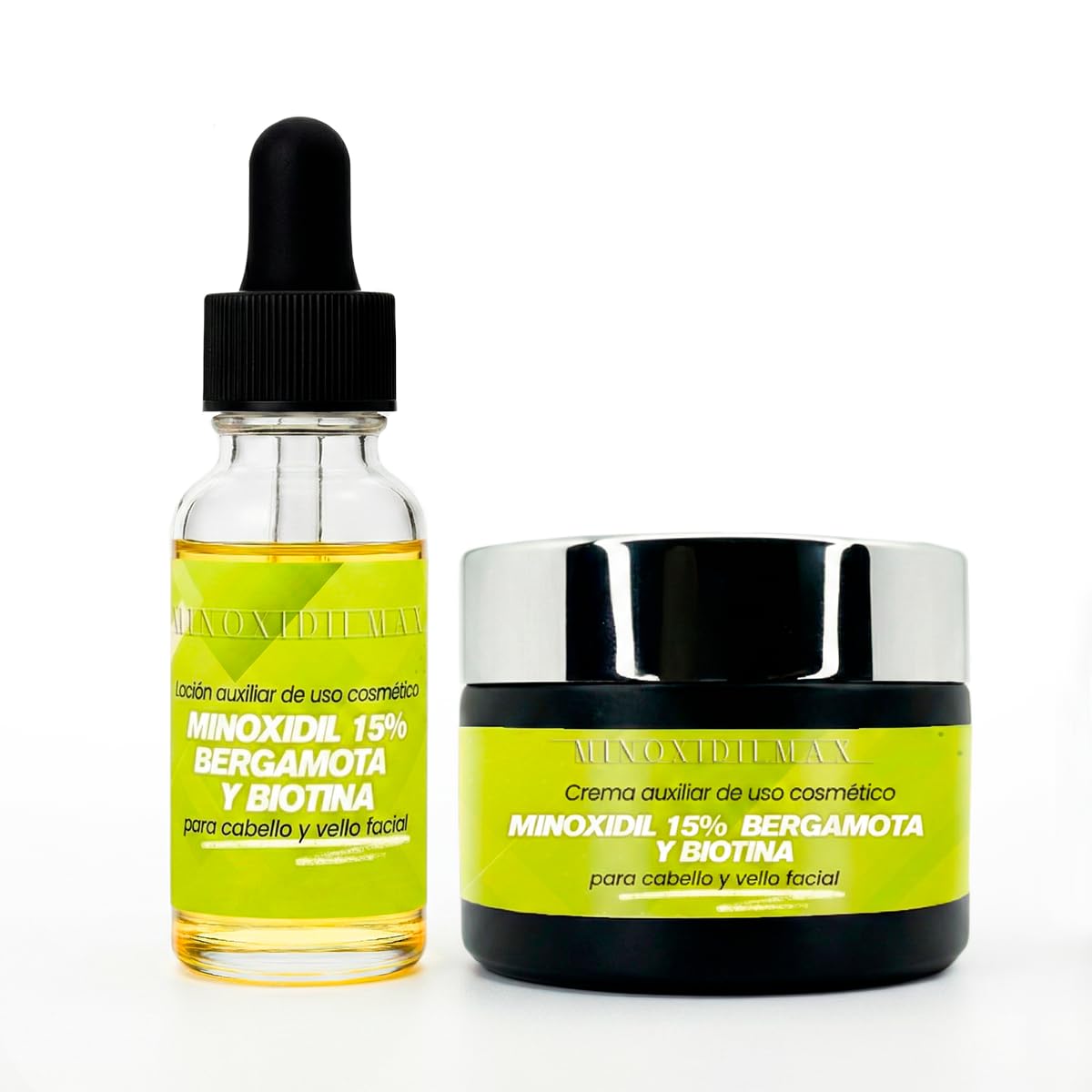 Kit Minoxidilmax Cabello y Barba Loción y Crema Crecimiento 15% Bergamota Biotina