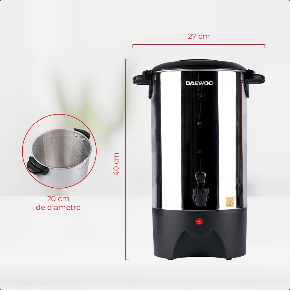 DAEWOO Cafetera eléctrica DCP-6L-40 con cap. 6L de acero inoxidable, tapa con asas y dispensador antigoteo con potencia de 1000W