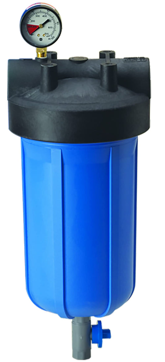 Pentair Pentek 150360 PBH - Carcasa de filtro de bolsa azul grande, montaje de recipiente de bolsa NPT #10 de 1 pulgada con calibre, llave y válvula de drenaje, 10 pulgadas, negro/azul