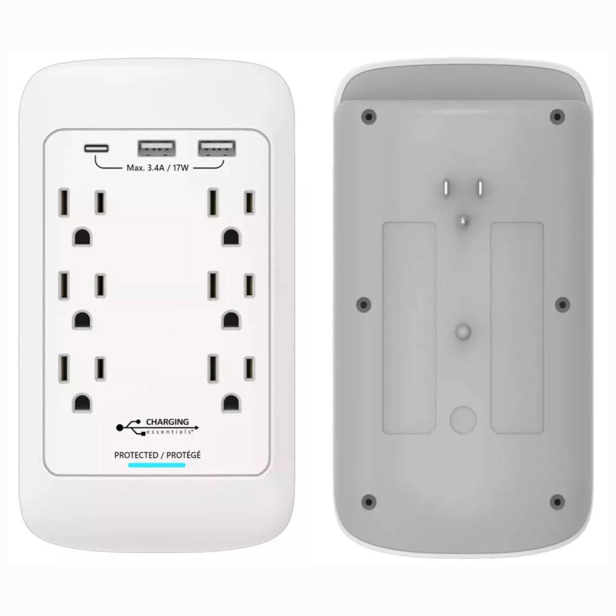 Charging Essentials: Cargador de pared con 3 puertos USB (1 USB-C y 2 USB-A), 5V/3.4A, protección contra sobretensiones, paquete de 2