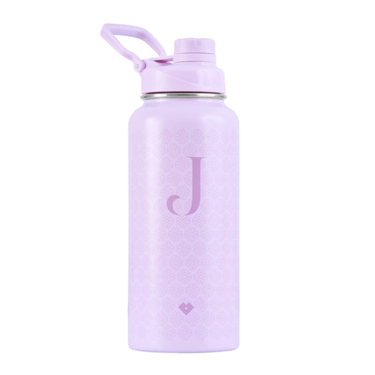 LuckyLy Termo de Acero Inoxidable con Iniciales 1 Litro, Doble Aislamiento Térmico y Tapa Hermética Antigoteo, Botella de Agua Motivacional ideal como Regalos para Mujer y Mamá – Modelo Terry, Letra J