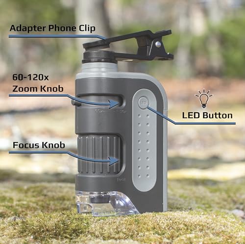 Carson MicroBrite Pro - Microscopio de Bolsillo con luz LED 60x-120x con Sistema de Lente asférica y Clip Digital para Smartphone (MM-350)