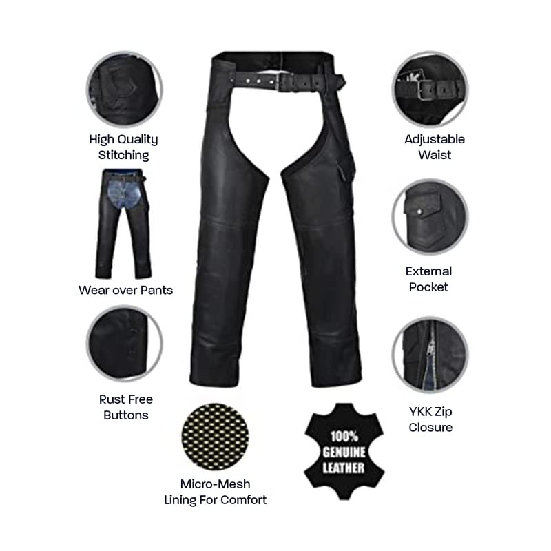 HWK - Chaparreras de cuero para motocicleta, diseño de vaquero, color negro, Negro, Waist 30''