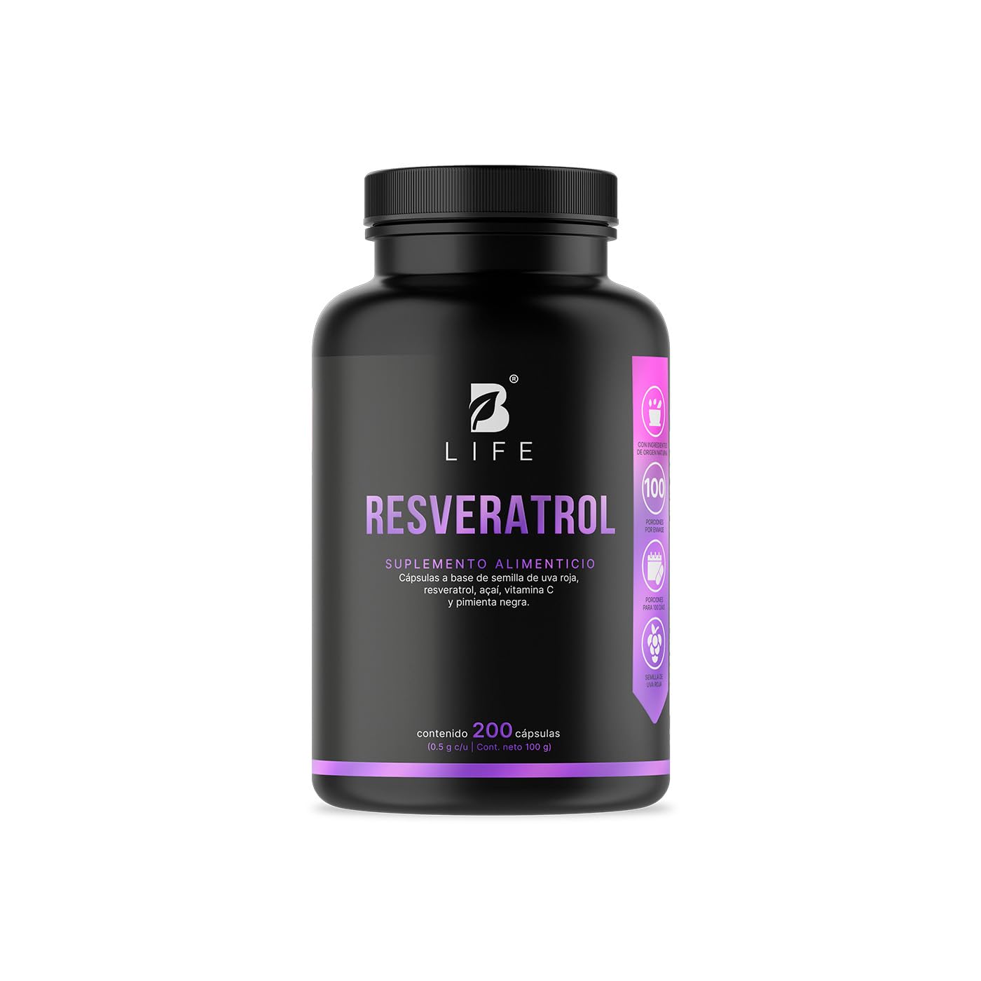 B Life Resveratrol 200 Cápsulas | Antioxidante de 1000 mg por porción | Pimienta negra, Uva Roja, Acai y Vitamina C. Ingredientes Naturales.