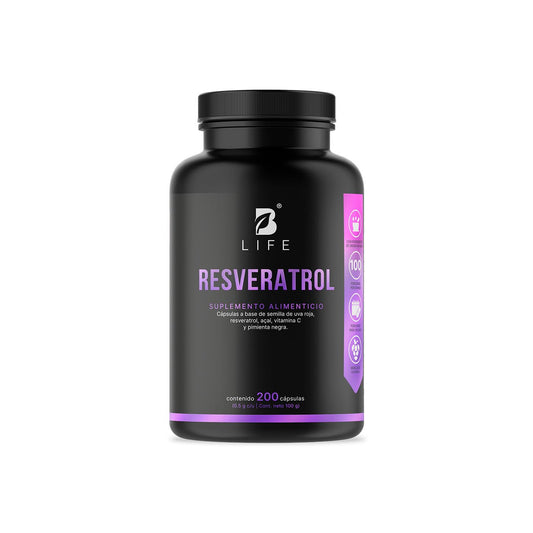 B Life Resveratrol 200 Cápsulas | Antioxidante de 1000 mg por porción | Pimienta negra, Uva Roja, Acai y Vitamina C. Ingredientes Naturales.