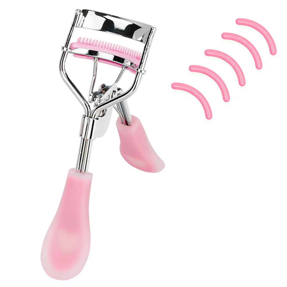 Rizadores de pestañas de acero inoxidable con peine integrado, rizadores de pestañas de belleza con 5 almohadillas de repuesto de silicona (rosa-1)