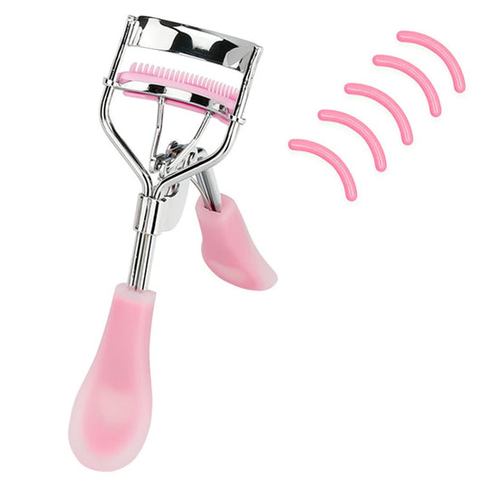 Rizadores de pestañas de acero inoxidable con peine integrado, rizadores de pestañas de belleza con 5 almohadillas de repuesto de silicona (rosa-1)