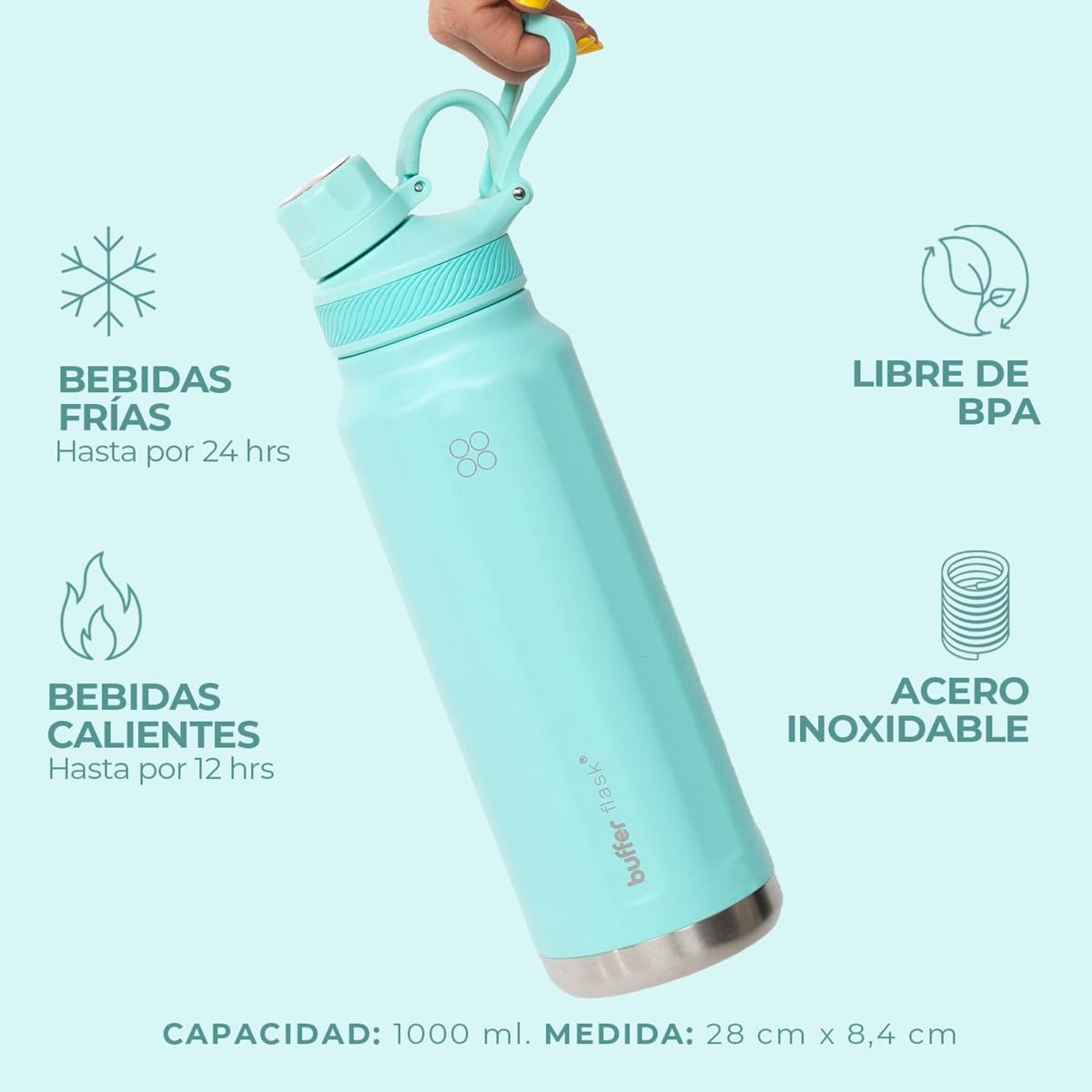 BUFFER FLASK - Termo de Acero Inoxidable | Botella de Agua Aislante, Termos Agua Fría (24 horas) o Caliente (12 horas) | Antigoteo, Hermético | Incluye tapas | 1000 ml - 32 Oz| Color Turquoise