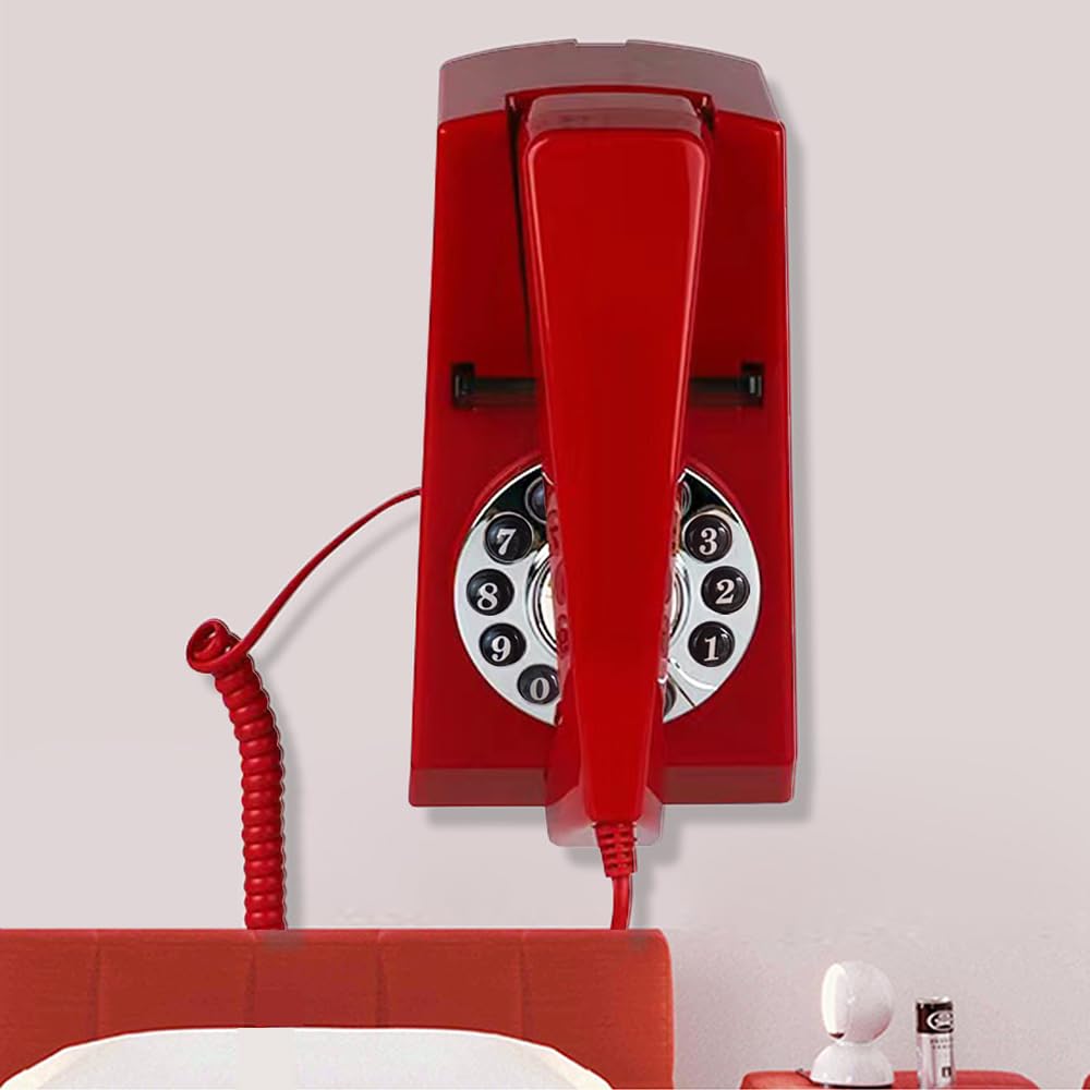 Artisam - Teléfonos fijos para el hogar, teléfono fijo de pared con cable, teléfono retro para el hogar para personas mayores, diseño básico, no requiere alimentación AC, montable en pared (rojo)