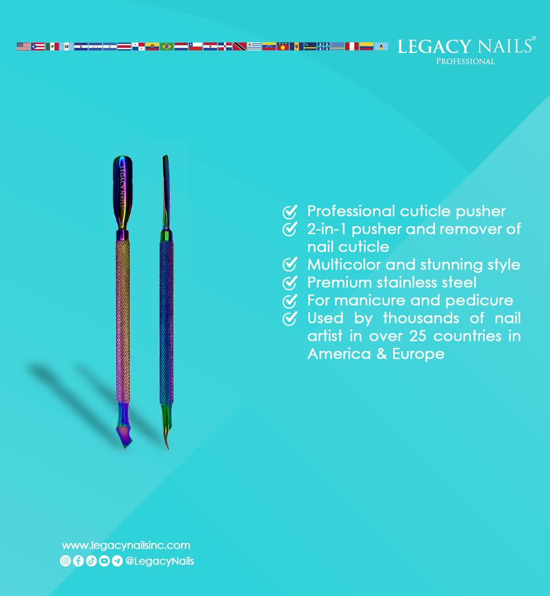 Legacy Nails - Empujador de uñas profesional multicolor 2 en 1, acero inoxidable, premium para manicura y pedicura