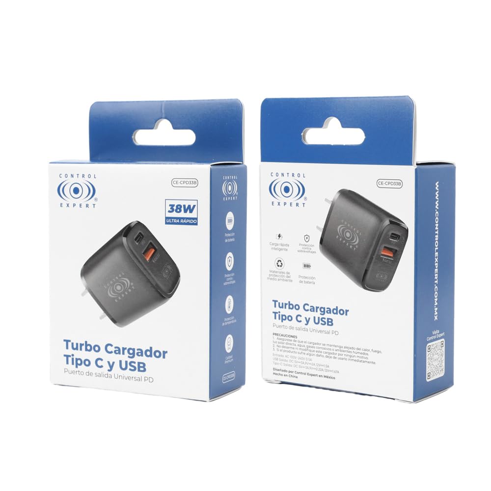 CONTROL EXPERT Turbo Cargador Tipo C y USB Puerto de Salida Universal PD 38W 12V 1.5A (Negro)