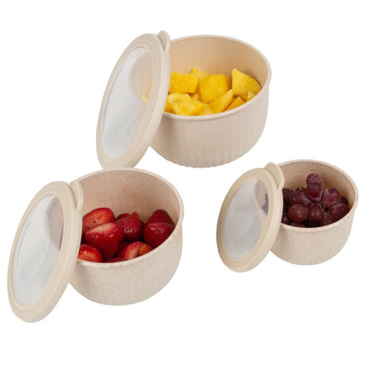 Classic Cuisine - Juego de 3 cuencos con tapas - Cuencos para mezclar aptos para microondas, congelador y nevera - Esenciales ecológicos de cocina (beige), S, M, L