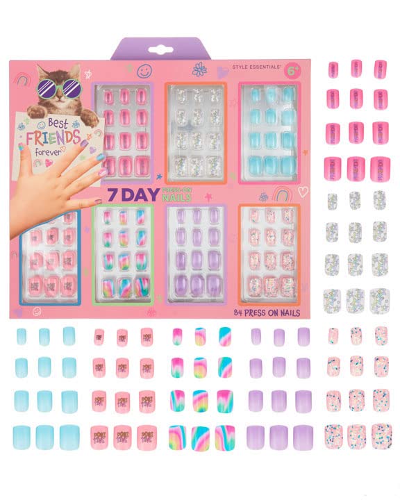 Expressions Colección de Manicura Niña de 7 Días - 84Pc Juego de Uñas Prensadas, Clavos Falsos Adhesivos Día de La Semana para Niñas — Coloridos Diseños Novedad Pegados En Uñas para Niños (Bff)
