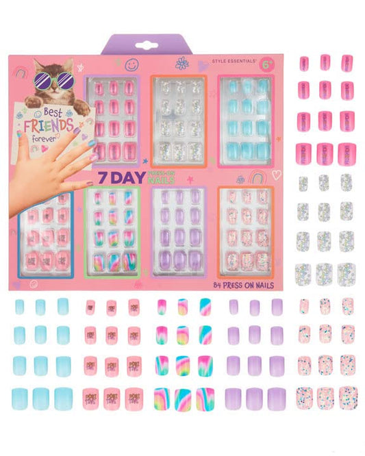 Expressions Colección de Manicura Niña de 7 Días - 84Pc Juego de Uñas Prensadas, Clavos Falsos Adhesivos Día de La Semana para Niñas — Coloridos Diseños Novedad Pegados En Uñas para Niños (Bff)