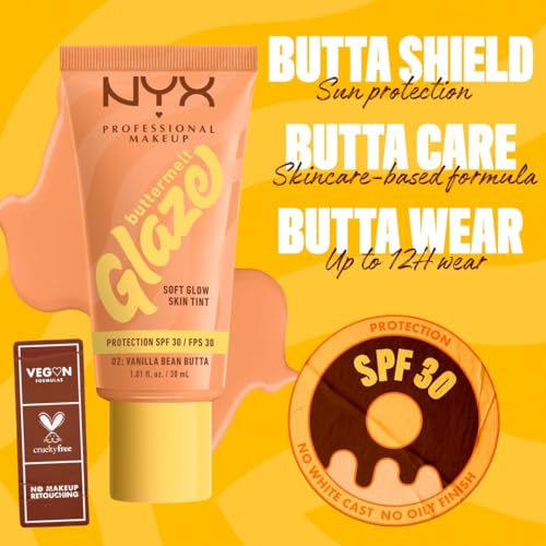 Tinta de Maquillaje Glaze Tint con SPF 30 de Nyx Professional Makeup, Tono Vainilla Bean Butta (Beige Claro)