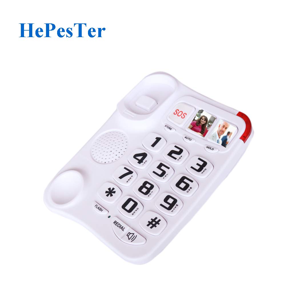 Teléfono con botón grande para personas mayores con cable para teléfono fijo para personas mayores con asistencia de cuidado de imágenes para personas mayores amplificado para pared de ayuda auditiva