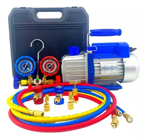 FIXITFAST 4cfm 1/3hp Bomba De Vacío + Manómetro R134a/r22/r410a/r404a juego de manómetros de colector de 4 vías para refrigerantes para refrigeración HVAC A/C recarga y mantenimiento, sin aceite