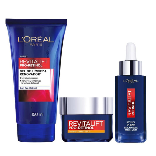 L'Oreal Paris Kit Rutina Completa, Serum Facial Anti Arrugas Revitalif Retinol Puro 30ml + Revitalif Pro-Retinol Crema de Día FPS17, 50ml + Revitalift Pro Retinol Gel de limpieza Facial, 150ml
