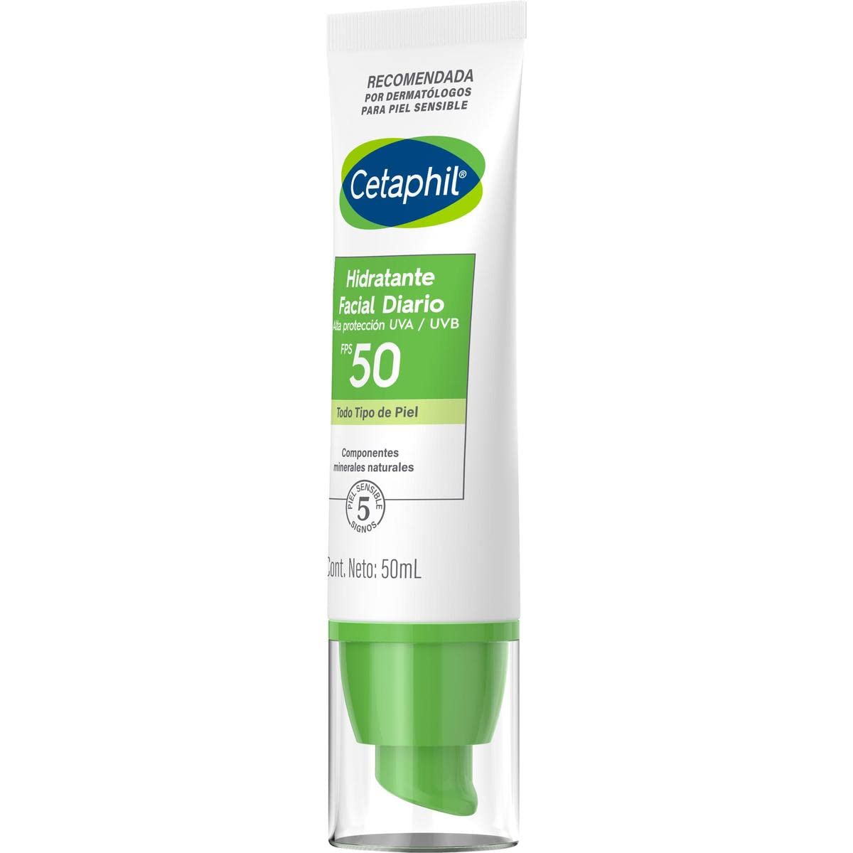 Cetaphil Hidratante Facial Diario con Protección UVA UVB y FPS 50, Hidrata con Fotoprotección UVA UVB Recomendada por Dermatólogos para Piel Sensible