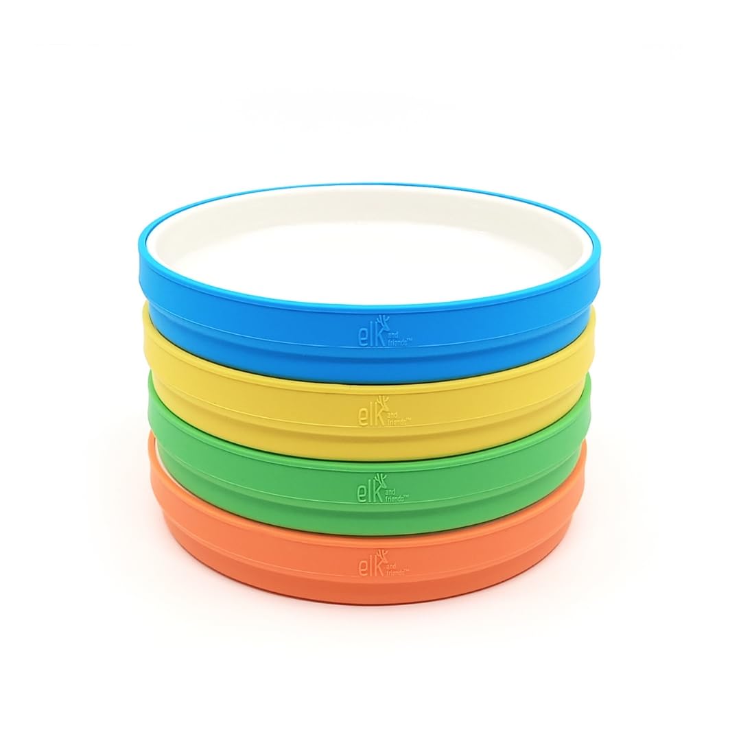 Elk and Friends Kids - Platos blancos de porcelana de 7.8 pulgadas con mangas de silicona, adecuados para bebés/niños pequeños, aptos para microondas y lavaplatos, vajilla antideslizante, platos de