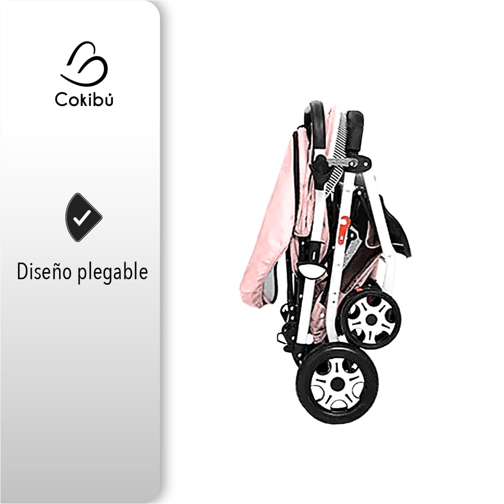 Carriola De Bebé Plegable Rosa Canasta De Almacenamiento Mango Reversible Respaldo ajustable Arnes De Seguridad De 5 Puntos Bandeja De Comida Y Musica Marca Cokibu