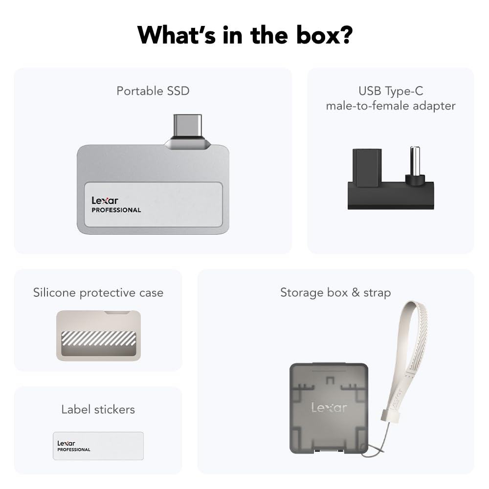 Lexar 1TB Professional Go SSD portátil, Compatible con Apple ProRes, hasta 1050 MB/s de Lectura y 1000 MB/s de Escritura, USB 3.2 Gen 2, Resistente, Compatible con iPhone 15 Series