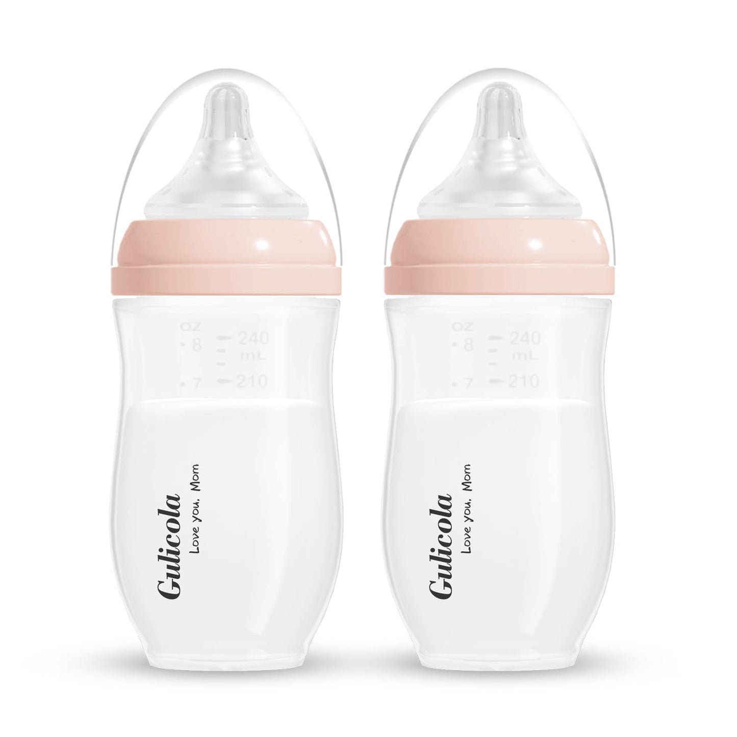 Botellas de lactancia natural Gulicola PP para bebé, tetinas de flujo medio (M), 3 meses +, rosa, 240 ml - 2 piezas
