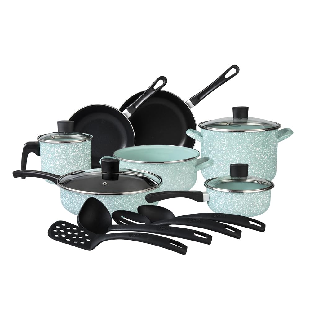 Cinsa Batería de cocina Granito Jade Menta 15 piezas, peltre pesado con antiadherente, tapas de vidrio templado, Jade Menta (15 piezas)