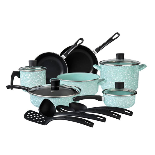 Cinsa Batería de cocina Granito Jade Menta 15 piezas, peltre pesado con antiadherente, tapas de vidrio templado, Jade Menta (15 piezas)