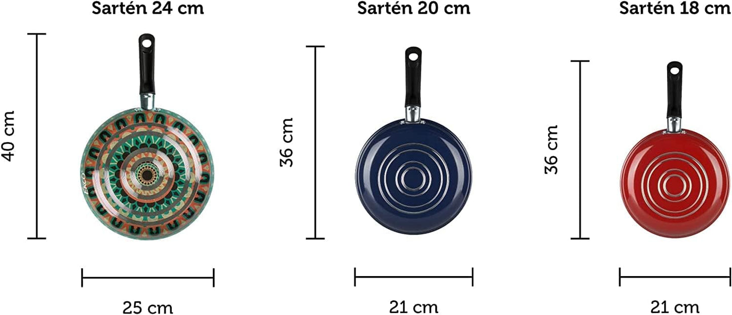 Juego de Sartenes Ekco Hippie Chic en Aluminio Antiadherente 3 Piezas