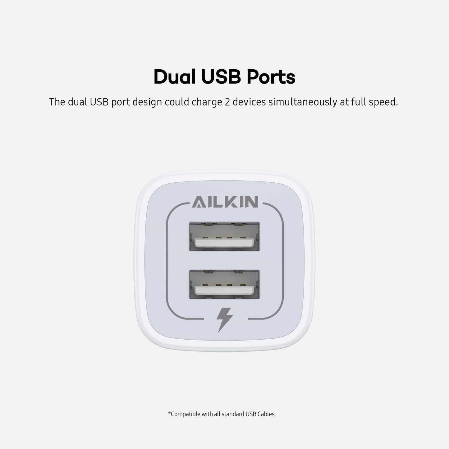 Cargador USB de Pared Ailkin Blanco 2.1Amp de Doble Puerto para iPhone, Samsung Galaxy y Más Dispositivos