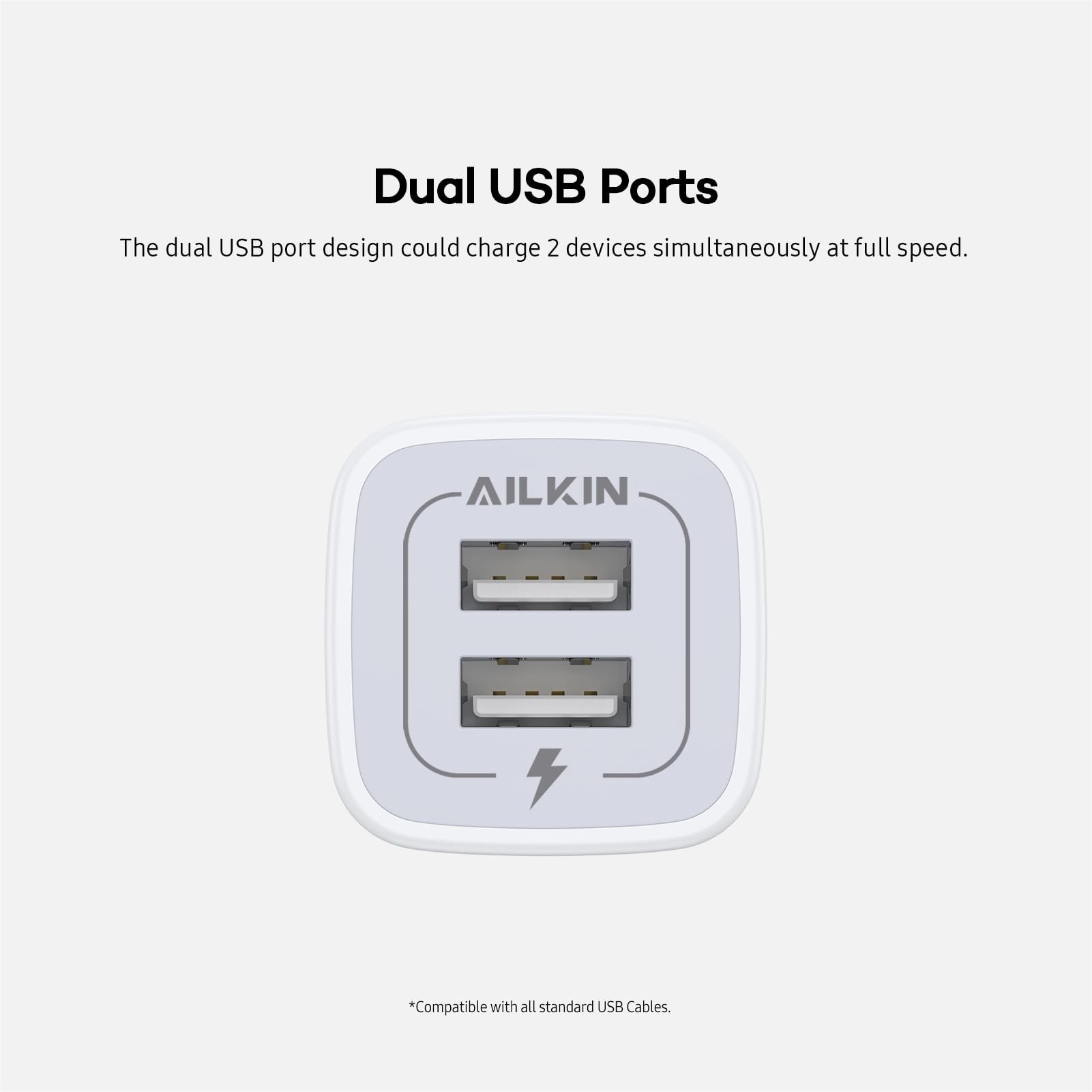 Cargador USB de Pared Ailkin Blanco 2.1Amp de Doble Puerto para iPhone, Samsung Galaxy y Más Dispositivos