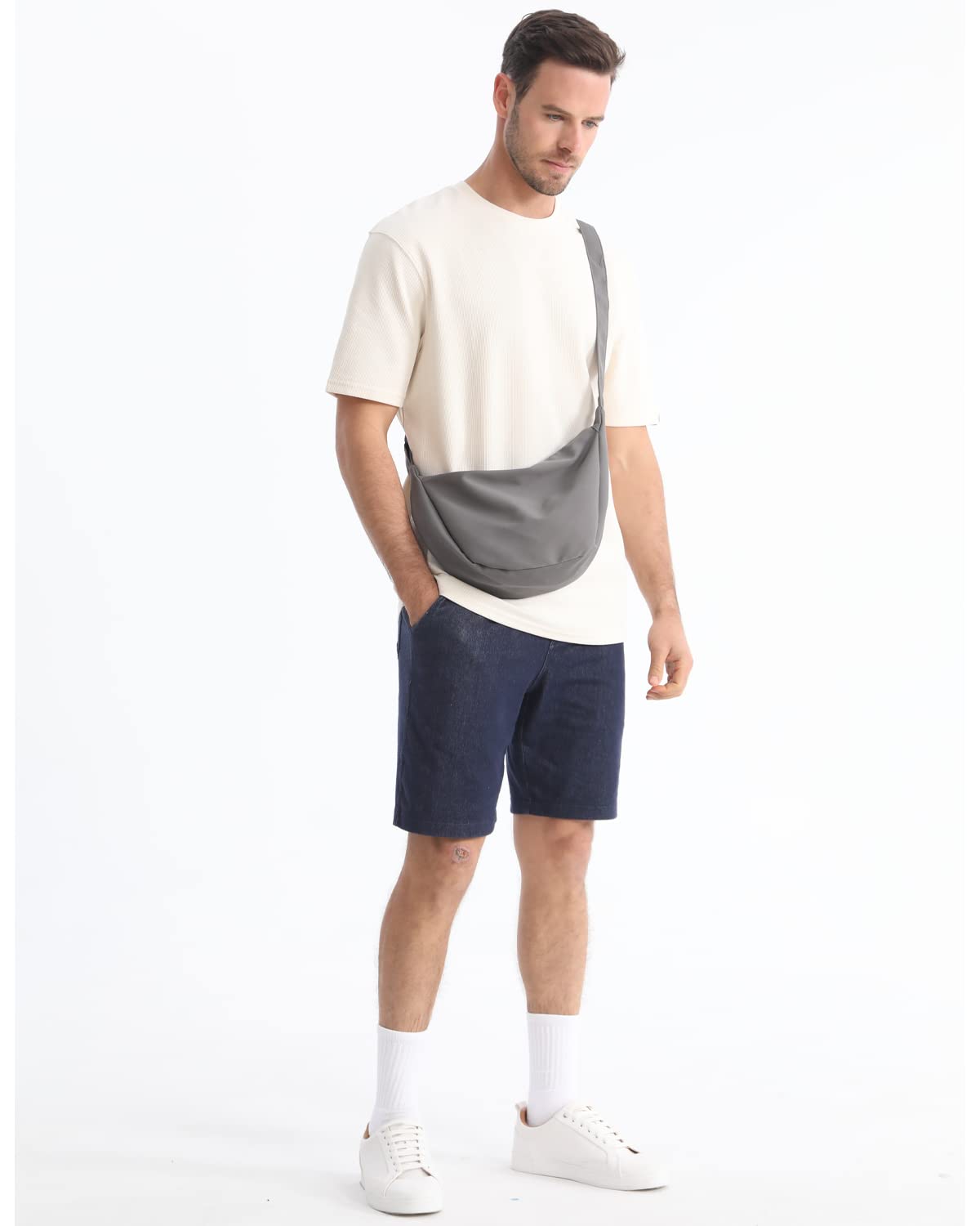 Bolso bandolera pequeño para mujeres y hombres, a la moda, mini bolsa de media luna con correa ajustable, 2 cremalleras bolsa de nailon ligero, Gris, Pequeño, Causal