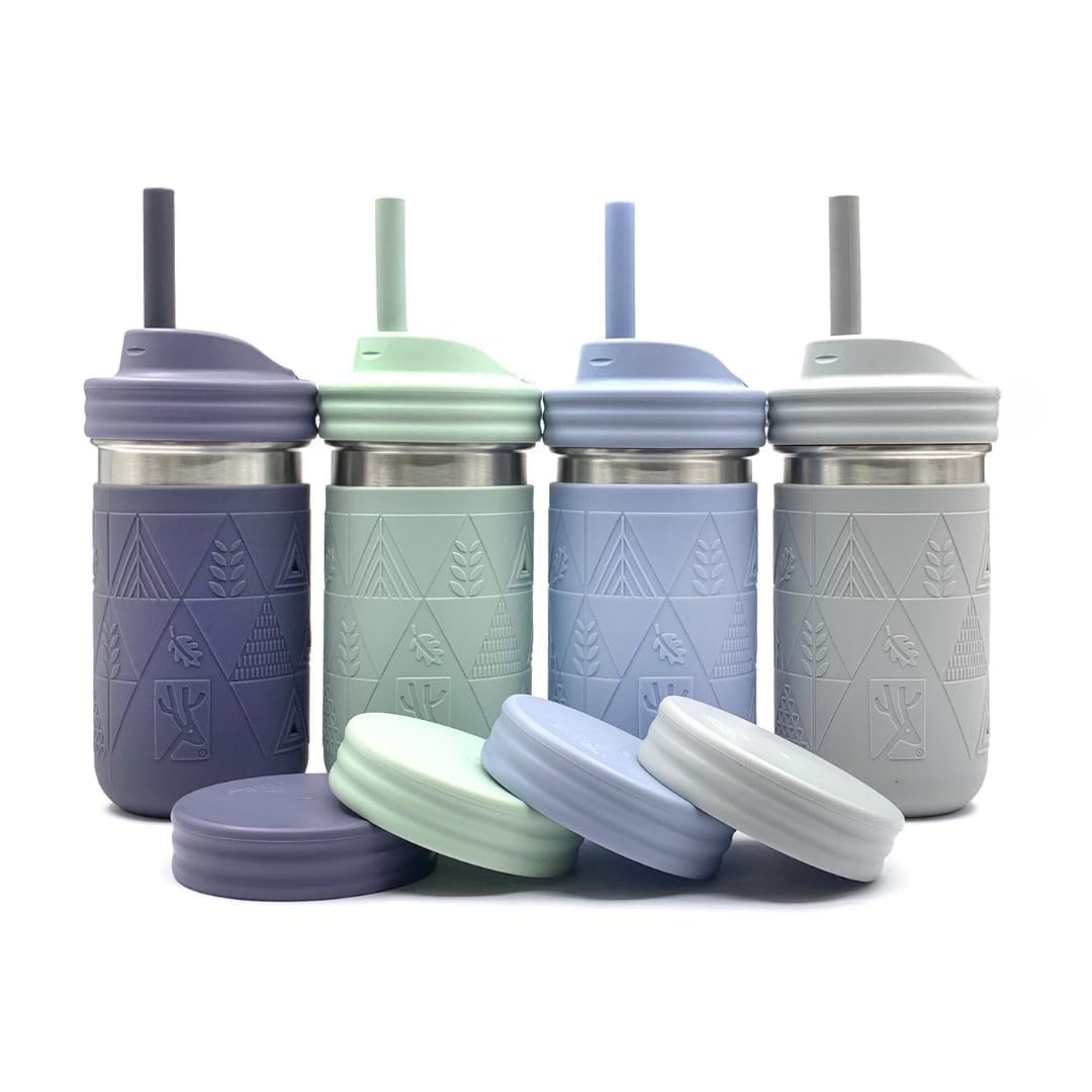 Elk and Friends Tazas de 236ml de Acero Inoxidable para Niños + Bebés | El Tarro Mason Original con Fundas + Tapas | Popotes de Silicona | Licuados | Frasco de Almacenamiento | Resistente a Derrames |