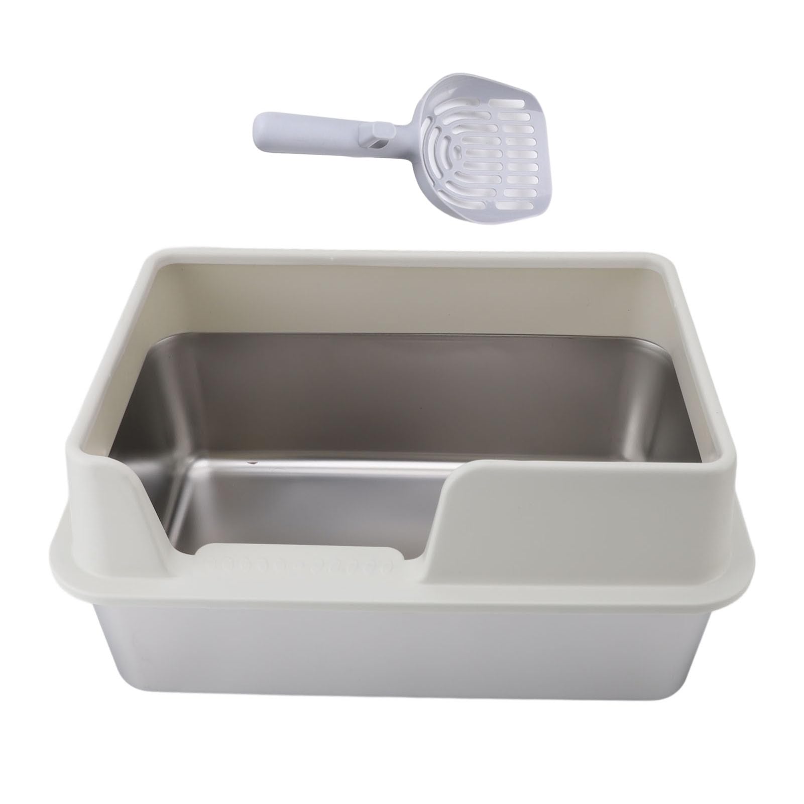 Bandeja de Grande de Acero Inoxidable, Caja de de Metal XL con Tapa a Prueba de Salpicaduras y Pala para Todos los Gatos, Fácil de Limpiar, No Pegajosa (Blanco Talla