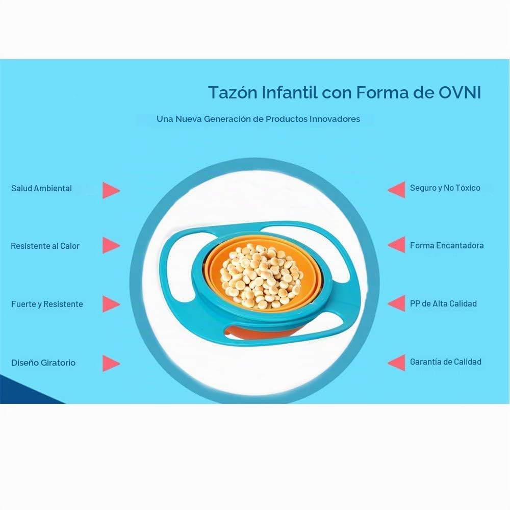 ESH7 - Tazón giratorio divertido de 360 grados a prueba de derrames con tapa de alimentación sin desorden (azul)