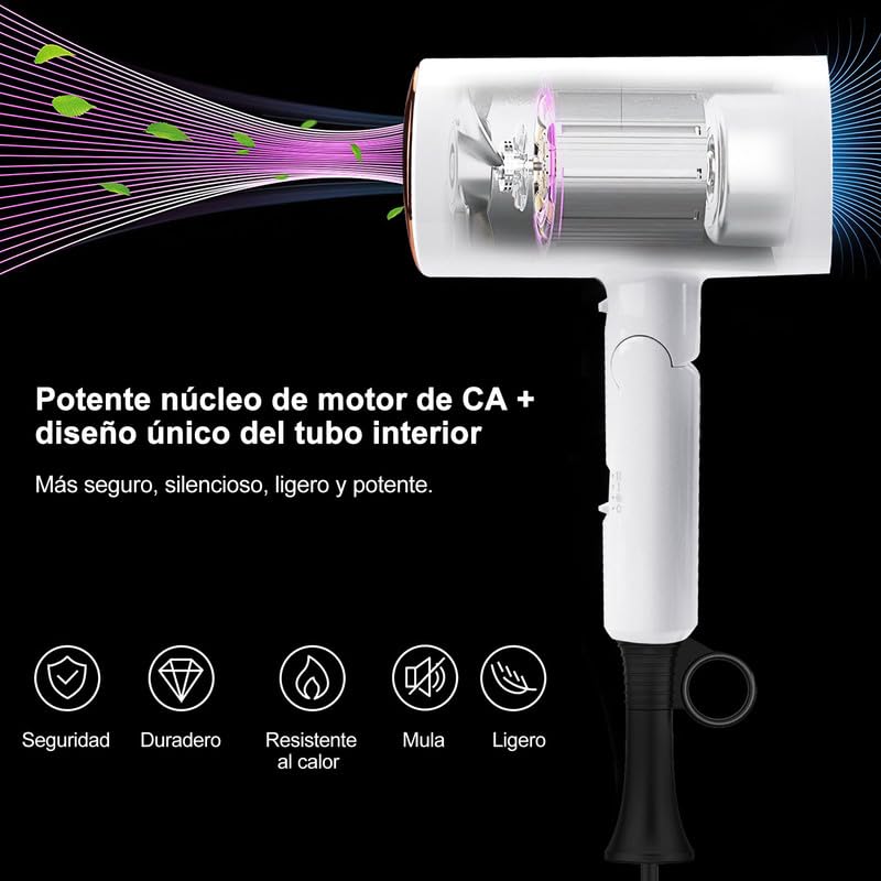 Secador de Pelo de Iónico Negativo Profesional, 1800W con 3 Temperatura Ajustable (Frío y Caliente), Secador de Soplado Plegable con Soplado y 1 Difusor para Hogar, Salón de Belleza, Viajes - Blanco